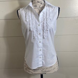 BCBG Max Azaria White V neck button up shirt with ruffles